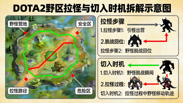 DOTA2野区拉怪与切入时机拆解示意图